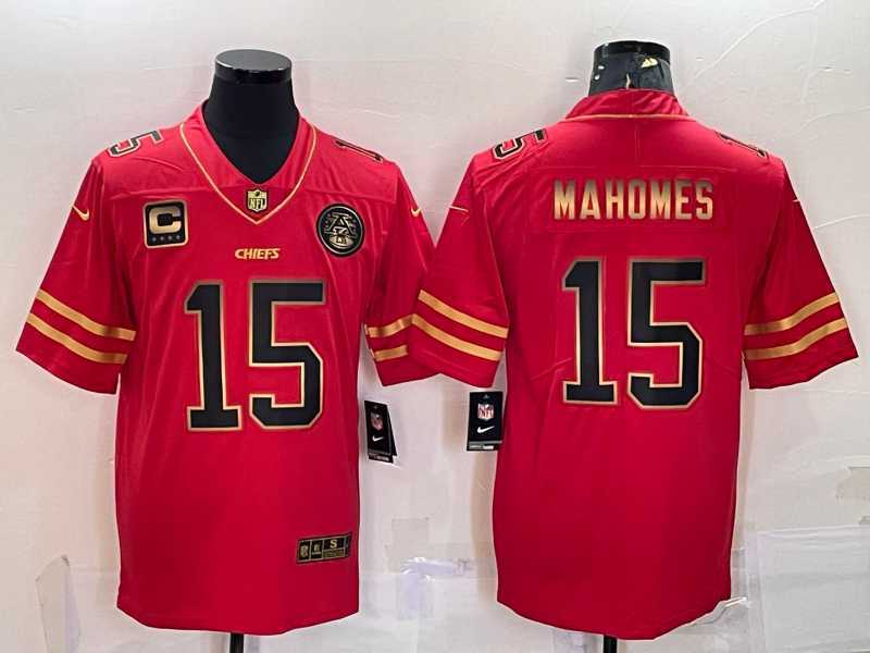 Men%27s Kansas City Chiefs #15 Patrick Mahomes Red Gold With C Patch Stitched Football Jersey